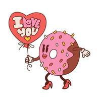 rerto cartel de ambiente de dibujos animados con personaje de donut sosteniendo un globo en forma de corazón con texto de letras te amo. Ilustración de vector de contorno vintage de los años 70. Tarjeta de felicitación de estilo Groovy Toons.