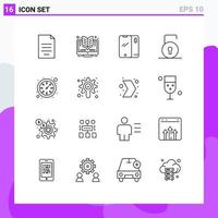 Modern Set of 16 Outlines Pictograph of security lock pad online key android Editable Vector Design Elements