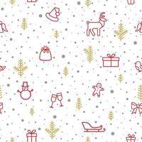 Christmas winter snow seamless pattern with holiday icons and New Year Tree, Snow, Deer, Gift, Birds. Happy Winter Holiday Snowfall Wallpaper. Nature decor elements. Fir Tree branch and snowflakes vector