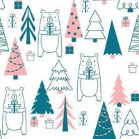 Christmas pattern with fir trees and bears vector