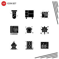 Collection of 9 Vector Icons in solid style. Pixle Perfect Glyph Symbols for Web and Mobile. Solid Icon Signs on White Background. 9 Icons.