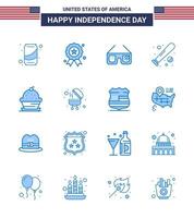 16 USA Blue Pack of Independence Day Signs and Symbols of cake sports sunglasses bat ball Editable USA Day Vector Design Elements