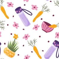 Vegetarian seamless pattern with carrots, flowers and other. Funny cartoon style. vector