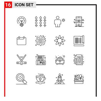 conjunto de pictogramas de 16 contornos simples de la interfaz de avatar móvil del teléfono inteligente elementos de diseño vectorial editables por el sol vector