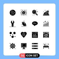 Group of 16 Modern Solid Glyphs Set for spanner shield back security hat Editable Vector Design Elements