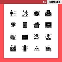 Modern Set of 16 Solid Glyphs and symbols such as diamond message envelope science email document fitness Editable Vector Design Elements