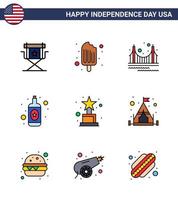 Pack of 9 creative USA Independence Day related Flat Filled Lines of achievement bottle ice cream alcohol landmark Editable USA Day Vector Design Elements