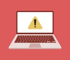Vector illustration of Laptop system error warning. Virus attention. Hacker attack and web security vector concept, phishing scam. Network and internet security.