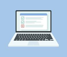 Checklist on the laptop screen. Isolated vector illustration in flat style. Design for web site, banners, infographics and so on.