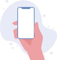 Hand holding smartphone vertically with blank screen vector illustration. Phone with empty screen, phone mockup, app interface design elements