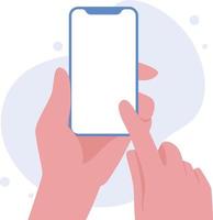 Hand holding smartphone vertically with blank screen vector illustration. Phone with empty screen, phone mockup, app interface design elements