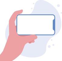 Hand holding smartphone horizontally with blank screen vector illustration. Phone with empty screen, phone mockup, app interface design elements