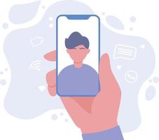 mano que sostiene el teléfono inteligente con cara de hombre en la pantalla. foto, chat en línea, conceptos de videollamada. diseño plano moderno. ilustración vectorial vector