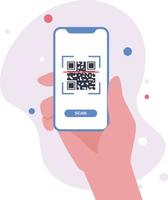 QR code scan with smartphone in a hand. Barcode for payment, E wallet , cashless technology concept. Mobile phone scanning QR-code. Verification. Vector illustration.