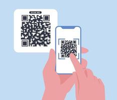 QR code scan with smartphone in a hand. Barcode for payment, E wallet , cashless technology concept. Mobile phone scanning QR-code. Verification. Vector illustration.