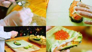 Four videos with the preparation of Combination of sushi and burritos. Litchi is also used for aftertaste.