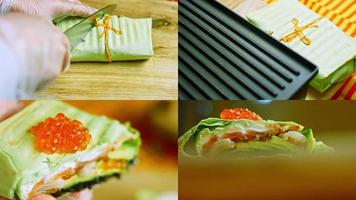 cuatro videos con la preparación de combinación de sushi y burritos. litchi también se usa para el regusto.