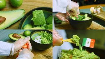 cuatro videos con la preparación de ensalada de guacamole con nachos y bandera mexicana