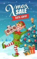 Christmas sale. Advertising banner. Dancing christmas elf with audio recorder and christmas tree vector