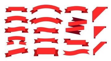 Wavy ribbon banners in retro style. Vector collection of different red tags and emblems