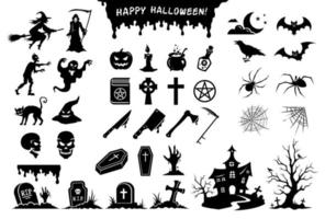 Halloween stickers. Black silhouettes of monsters, objects, elements and symbols in big collection. vector