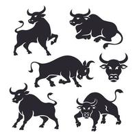 Bull stylized illustrations. Black stylized ox. Vector stickers, silhouettes for decorations