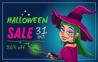 banner publicitario de venta de halloween. bruja sonriente con una varita mágica. ilustración vectorial vector