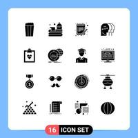 Universal Icon Symbols Group of 16 Modern Solid Glyphs of cardiogram mind list charactore sheet Editable Vector Design Elements