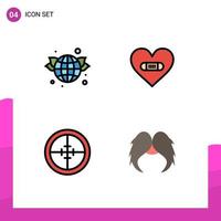 Group of 4 Modern Filledline Flat Colors Set for earth army green heart military Editable Vector Design Elements