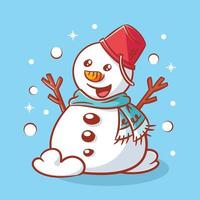 The cute snowman wears a neck warmer and has a bucket on his head vector