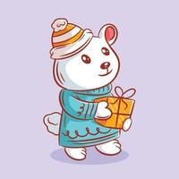 Cute polar bear wants to give gifts and wears warm clothes vector