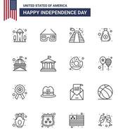 USA Independence Day Line Set of 16 USA Pictograms of house cash american bag dollar Editable USA Day Vector Design Elements