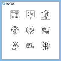 Group of 9 Modern Outlines Set for moon pray stream solution energy Editable Vector Design Elements