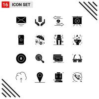 Set of 16 Vector Solid Glyphs on Grid for smart phone video box presentation shipping Editable Vector Design Elements