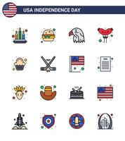 Set of 16 Vector Flat Filled Lines on 4th July USA Independence Day such as hokey sweet eagle party sausage Editable USA Day Vector Design Elements