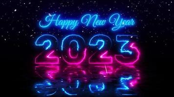 Happy new year 2023 cosmic bright red blue neon lights, illuminating text and numbers with snow falling animation video