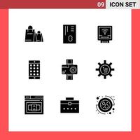 Mobile Interface Solid Glyph Set of 9 Pictograms of digital camera mechanical password mobile Editable Vector Design Elements