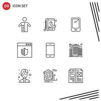 9 User Interface Outline Pack of modern Signs and Symbols of computers shield phone secure iphone Editable Vector Design Elements