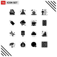 Modern Set of 16 Solid Glyphs and symbols such as tag man diagram tick job Editable Vector Design Elements