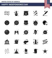 Modern Set of 25 Solid Glyph and symbols on USA Independence Day such as bat ball shield shoot fire Editable USA Day Vector Design Elements