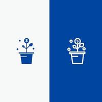 dinero en crecimiento éxito línea de planta de maceta y glifo icono sólido línea de bandera azul y glifo icono sólido bandera azul vector