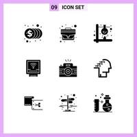 9 User Interface Solid Glyph Pack of modern Signs and Symbols of camera plumber chemical mechanical science Editable Vector Design Elements