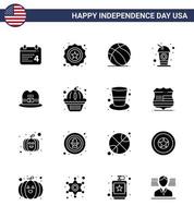 Happy Independence Day Pack of 16 Solid Glyphs Signs and Symbols for cap soda football drink bottle Editable USA Day Vector Design Elements