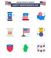 Pack of 9 USA Independence Day Celebration Flats Signs and 4th July Symbols such as usa text hat scroll wisconsin Editable USA Day Vector Design Elements