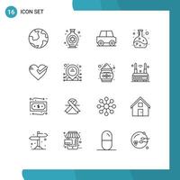 Modern Set of 16 Outlines Pictograph of ok heart automobile flask chemistry Editable Vector Design Elements