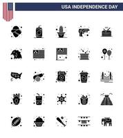 Set of 25 Vector Solid Glyph on 4th July USA Independence Day such as music drum flower weapon security Editable USA Day Vector Design Elements