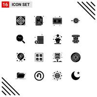 16 User Interface Solid Glyph Pack of modern Signs and Symbols of search gear film development writing Editable Vector Design Elements