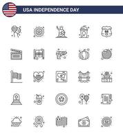 feliz día de la independencia 4 de julio conjunto de 25 líneas pictografía americana de puntos de referencia de bebida independiente cole usa elementos de diseño de vector de día de estados unidos editables