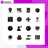 Universal Icon Symbols Group of 16 Modern Solid Glyphs of web multimedia device shield safety Editable Vector Design Elements