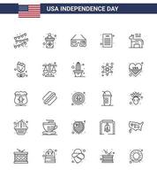 Set of 25 Vector Lines on 4th July USA Independence Day such as symbol american glasses donkey declaration of independence Editable USA Day Vector Design Elements